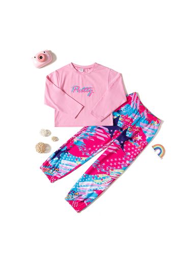 2-piece Kid Girl Letter Print Long-sleeve Tee and Painting Print Colorblock Pants Set