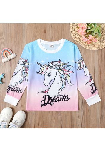 Kid Girl Letter Unicorn Print Gradient Color Long-sleeve Tee