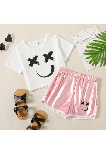 2-piece Kid Girl Face Emojis Print Crop Tee and Metallic Dolphin Shorts Set