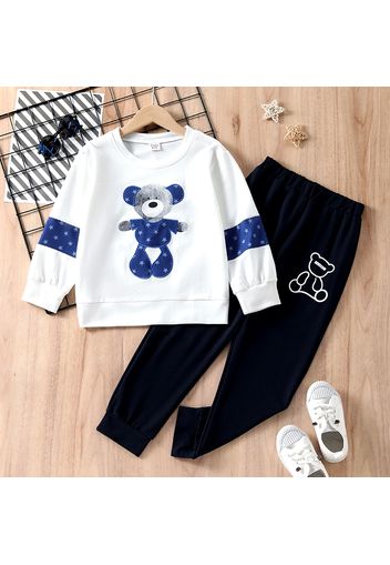 2-piece Kid Boy Bear Stars Print Long-sleeve White Top and Elasticized Dark Blue Pants Set