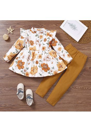 2-piece Toddler Girl Floral Print Button Design Corduroy Flutter Long-sleeve Top and Solid Pants Set