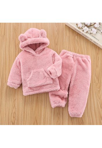 2pcs Baby Solid Thickened Fleece 3D Ears Long-sleeve Hoodie and Pants Set