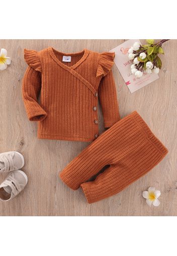 2pcs Baby Solid Knitted Ribbed V Neck Ruffle Long-sleeve Top and Trousers Set