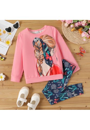 2pcs Kid Girl Figure Print Pink Sweatshirt and Floral Print Leggings Set