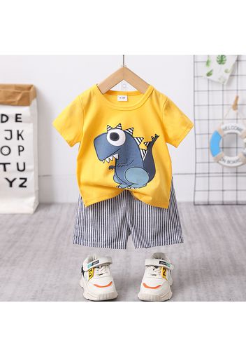 2pcs Baby Boy Cartoon Dinosaur Print Short-sleeve T-shirt and Pinstriped Shorts Set