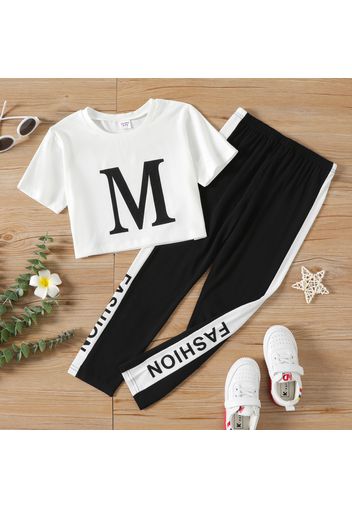 2-piece Kid Girl Letter Print White Crop Tee and Elasticized Pants Set