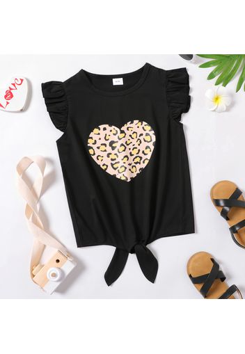 Kid Girl Heart Leopard Print Flutter-sleeve Tie Knot Tee