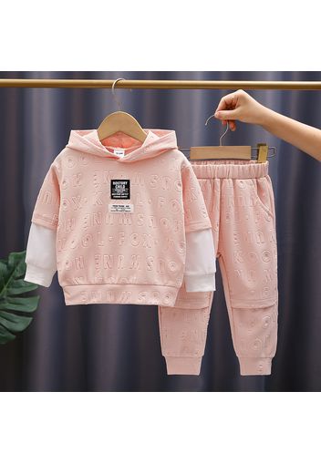 2pcs Toddler Boy Trendy Faux-two Letter Textured Hoodie Sweatshirt and Pants Set