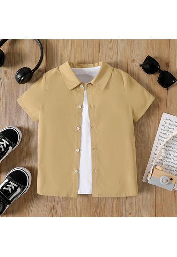 Kid Boy Lapel Collar Button Design Short-sleeve Khaki Shirt