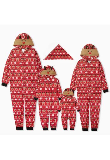 Christmas Deer Print Red Family Matching Long-sleeve Hooded Jumpsuits Pajamas Sets (Flame Resistant)