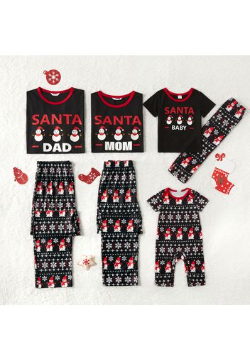 Christmas Snowman and Letter Print Black Family Matching Short-sleeve Pajamas Sets (Flame Resistant)