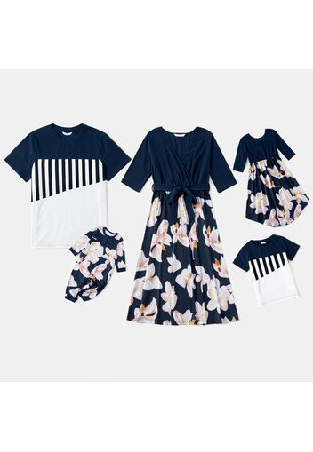 Floral and Stripe Print Splice Family Matching Blue Sets