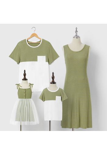 Ribbed Stripe Print Family Matching Green Sets