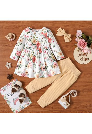 3pcs Baby Girl Floral Print Long-sleeve Top and Solid Ribbed Trousers Set