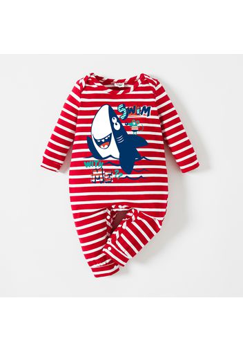 Baby Boy Cartoon Shark and Letter Print Striped Long-sleeve Jumpsuit