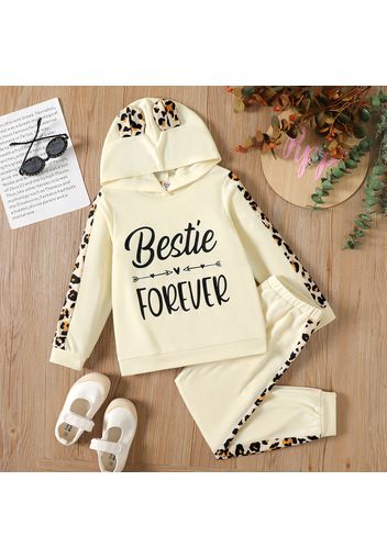 2pcs Kid Girl Letter Leopard Print Ear Design Hoodie Sweatshirt and Pants Set