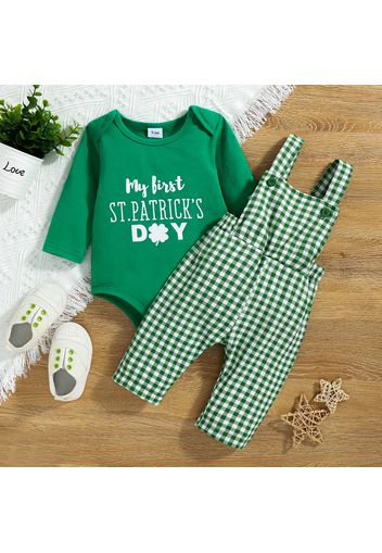 St. Patrick's Day 2pcs Baby Boy Four-leaf Clover and Letter Print Green Long-sleeve Romper with Plaid Overalls Set