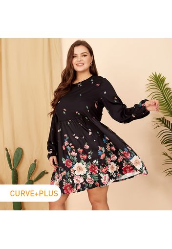 Women Plus Size Elegant Floral Print Round-collar Long-sleeve Dress