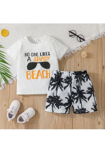 2pcs Baby Boy 95% Cotton Short-sleeve Letter Print T-shirt and All Over Coconut Tree Print Shorts Set