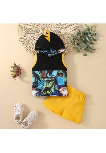 2pcs Baby Boy 95% Cotton Allover Dinosaur Print Hooded Tank Top and Solid Shorts Set