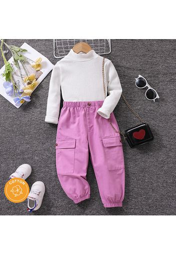 2pcs Toddler Girl Trendy 100% Cotton Mock Neck Long-sleeve Tee and Cargo Pants Set