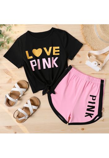 2-piece Kid Girl Letter Print Tie Knot Short-sleeve Tee and Colorblock Shorts Set