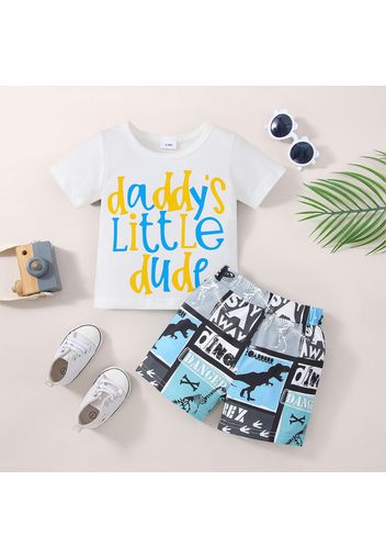 2pcs Baby Boy Letter Print Short-sleeve T-shirt and Dinosaur Print Shorts Set