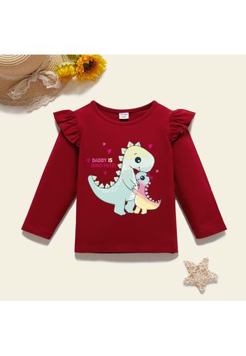 Toddler Girl Graphics Dinosaur and Heart-shaped and Letter Print Ruffle Long-sleeve Tee