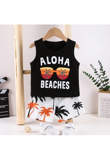 2pcs Toddler Boy Vacation Floral Letter Print Tank Top and Shorts Set