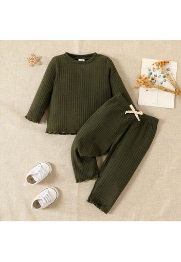 2pcs Baby Solid Ribbed Long-sleeve Top and Trousers Set