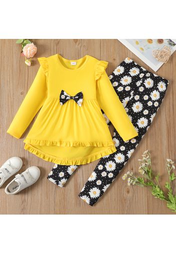 2pcs Kid Girl Ruffled Bowknot Design High Low Long-sleeve Tee and Floral Print Leggings Set