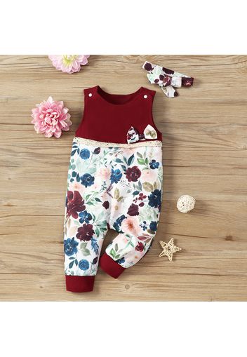 2pcs Baby Girl Solid Sleeveless Splicing Floral Print Bowknot Jumpsuit Set