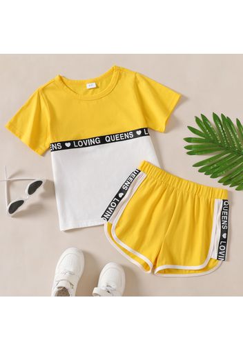 2-piece Kid Girl Letter Print Colorblock Tee and Dolphin Shorts Set