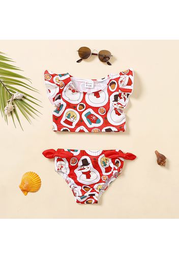 Christmas 2pcs All Over Santa and Snowman Print Red Swimsuits