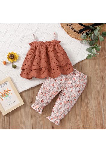 2pcs Baby Girl Hollow Out Sleeveless Spaghetti Strap Layered Top and Floral Print Pants Set