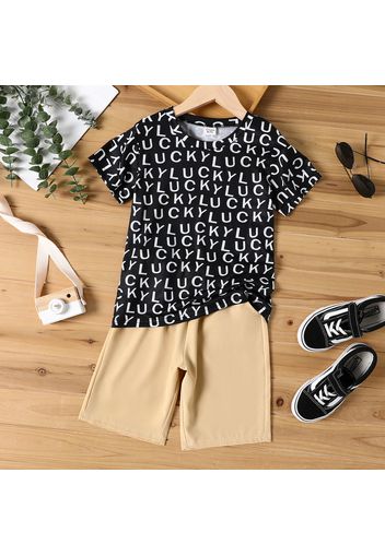 2pcs Kid Boy Letter Allover Print Short-sleeve Tee and Elasticized Shorts Set