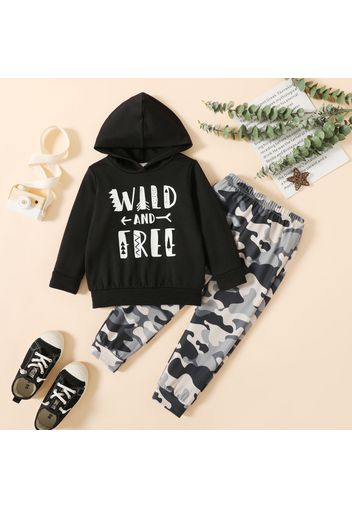 2-piece Toddler Boy Letter Print Black Hoodie Sweatshirt and Camouflage Print Pants Set