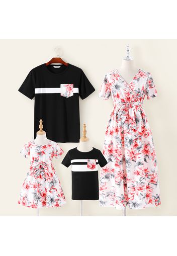 Family Matching Floral Print V Neck Ruffle Sleeve Midi Dresses and Short-sleeve T-shirts Sets