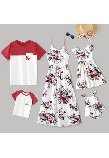 Family Matching All Over Floral Print Spaghetti Strap Dresses and Colorblock Short-sleeve T-shirts Sets