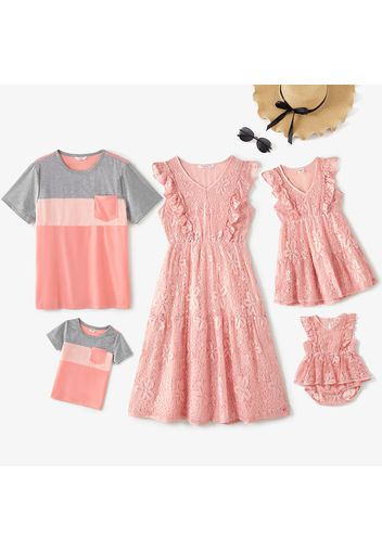 Family Matching Pink Lace V Neck Sleeveless Ruffle Dresses and Colorblock T-shirts Sets