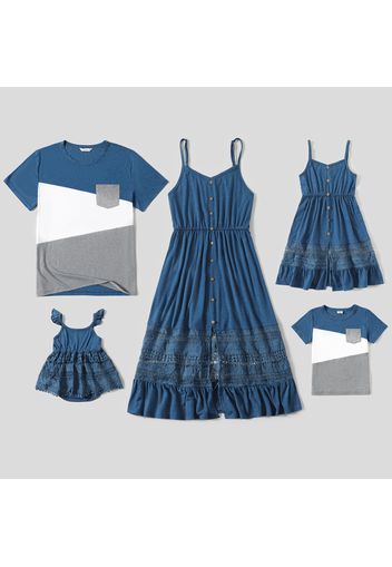 Family Matching Blue Spaghetti Strap Button Front Lace Ruffle Dresses and Colorblock Short-sleeve T-shirts Sets