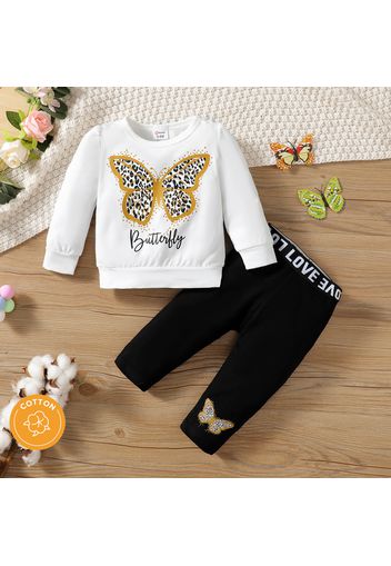 2pcs Baby Girl 95% Cotton Long-sleeve Leopard Butterfly & Letter Print Sweatshirt and Pants Set