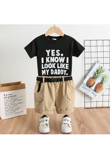 Father's Day 2pcs Toddler Boy Casual Letter Print Tee and Belted Cargo Shrots Set