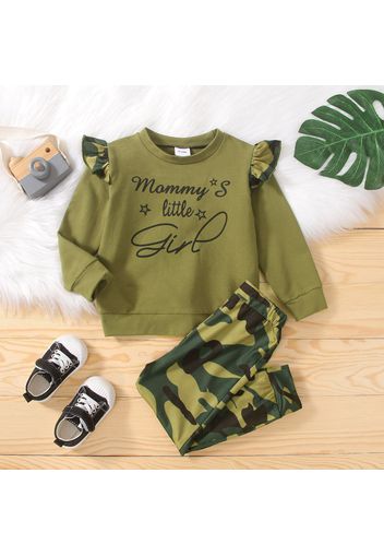 2-piece Toddler Girl Ruffle Letter Print Long-sleeve Tee and Camouflage Print Pants Set