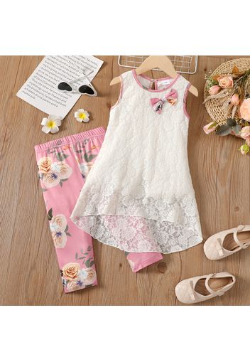 2pcs Kid Girl Lace Bowknot Design Sleeveless High Low Tee and Floral Print Leggings Shorts Set