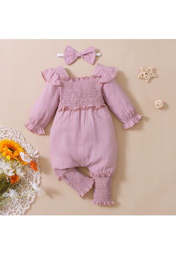 2pcs Baby Girl Solid Square Neck Long-sleeve Ruffle Shirred Jumpsuit with Headband Set