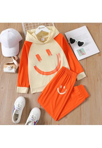 2-piece Kid Girl Smile Emojis Print Colorblock Raglan Sleeve Hoodie Sweatshirt and Orange Pants Set