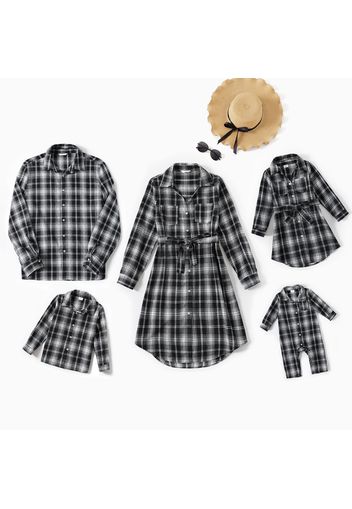 Family Matching Gingham Long-sleeve Dresses and Shirts Sets