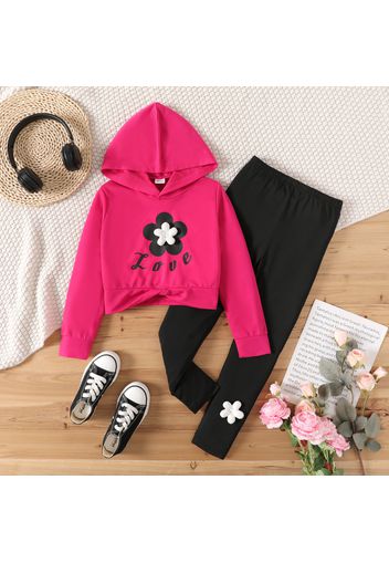 2pcs Kid Girl Floral Pacth Design Twist Knot Hoodie Sweatshirt and Leggings Set