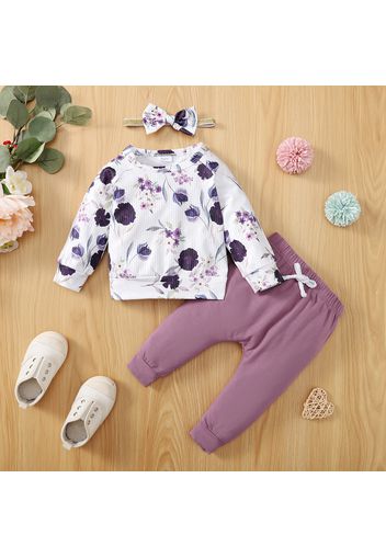 3pcs Baby Girl 95% Cotton Pants and Allover Floral Print Rib Knit Long-sleeve Pullover with Headband Set